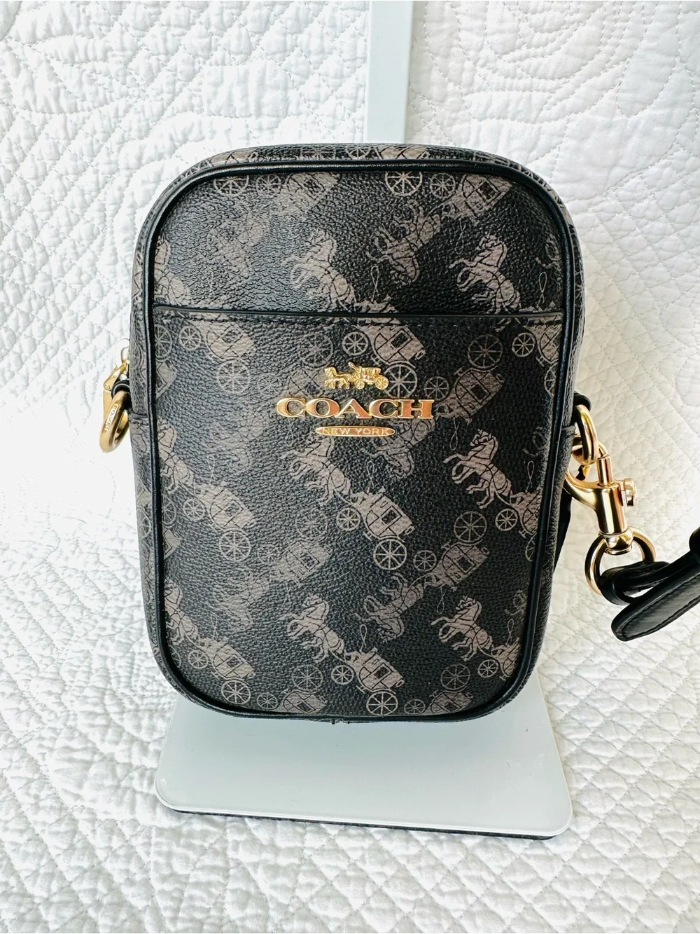 Coach Black Signature Print Crossbody Phone Pouch with Gold Hardware - Picture 2 of 8